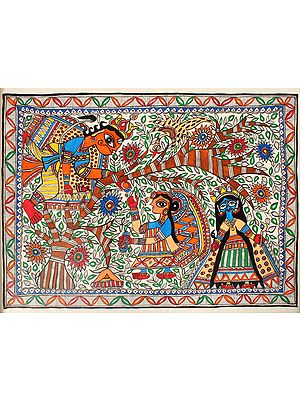 Lord Hanuman Presents Shri Rama's Ring to Sita at Ashoka Vatika | Madhubani Painting