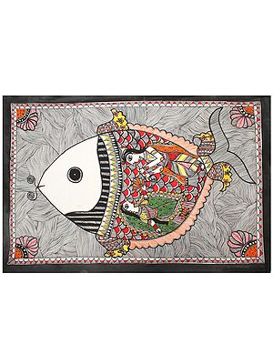 Radha Krishna Inside The Fish | Madhubani Painting