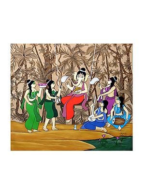 Lord Ganesha On Swing Around Apsaras | Acrylic On Canvas