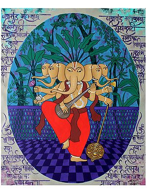 Panchamukhi Ganesha With Shlokas | Acrylic On Canvas