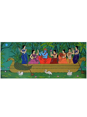 Radha Krishna and Friends In Boat | Acrylic On Canvas