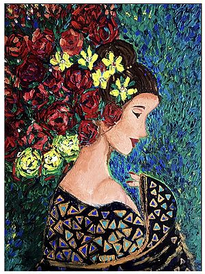 Lady with Roses | High Texture Finger Painting | By Konika Banerjee