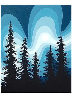 Forrest Pine Trees Night Scene In Various Blue Shades | Acrylic On Canvas | By Pooja Agarwal