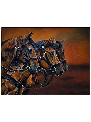 Three Horses Together | Soft Pastel on Sheet | Painting By Sanchita Agrahari