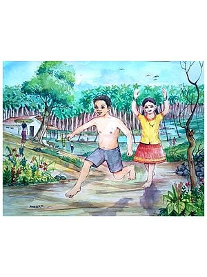 Childhood in a Village | Watercolor | Painting By Aneesh Bandadka