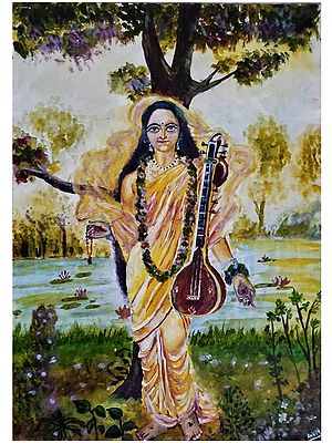 Standing Devi Saraswati | Acrylic on Paper | Painting by Ankit Bagde