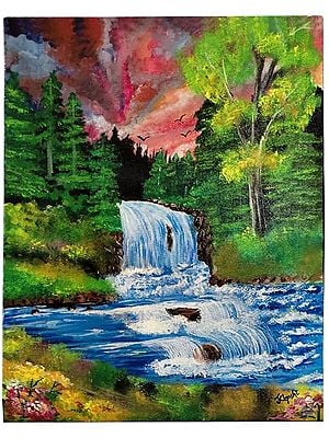 Waterfall Evening Scene | Acrylic On Canvas | By Khushi Sahani