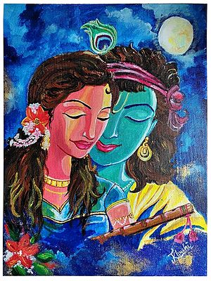 Radha Krishna and Full Moon | Acrylic On Canvas | By Khushi Sahani
