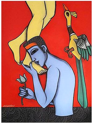 Man Kissing His Lover's Feet | Mix Media on Canvas | Painting by Krishna Ashok