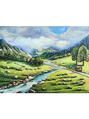 Green Valley with Misty Mountain | Acrylic Painting on Canvas Board