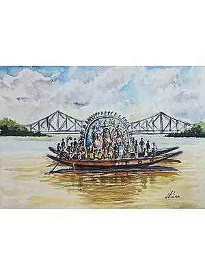 Visarjan of Goddess Durga | Watercolour Painting on Handmade Paper | by Nilina Guha