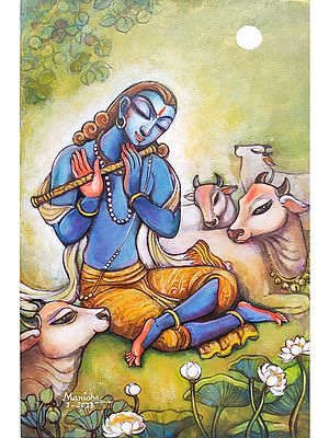Lord Krishna Playing Flute with Cows | Painting by Manisha Srivastava