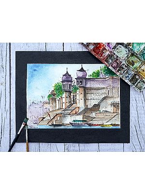Chet Singh Ghat River Shore In Varanasi | Watercolor Painting by Shiva Pandey