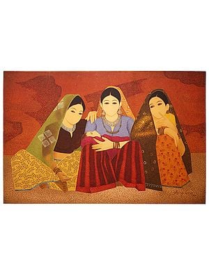 Rajasthani Mother with Child and Her Two Friends | Without Frame | Oil Painting on Canvas