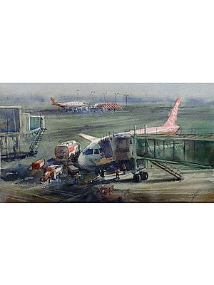 Airplane at Airport | Watercolor Painting by Achintya Hazra