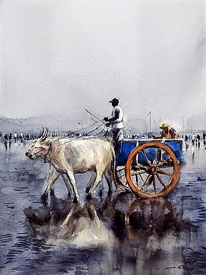 Man Riding A Bullock Cart | Watercolor Painting by Achintya Hazra