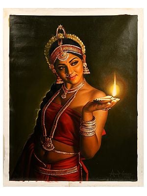 Devadasi with Lamp Oil Painting on Canvas | Without Frame