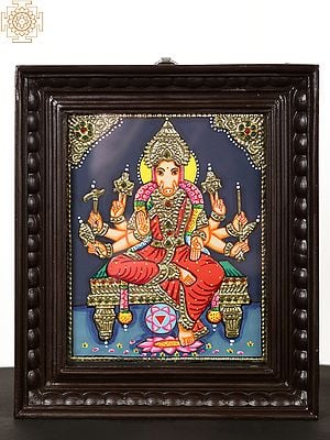 Eight Armed Goddess Varahi Seated on Pedestal | Tanjore Painting | With Teakwood Frame