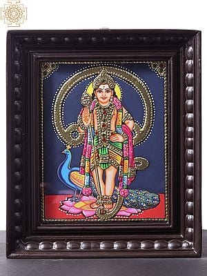 Standing Lord Murugan (Karttikeya) | Tanjore Painting With Teakwood Frame