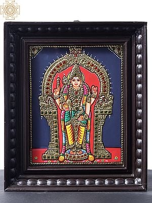 Standing Lord Murugan with Kirtimukha Prabhavali | Tanjore Painting | With Teakwood Frame