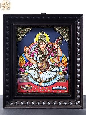 Devi Saraswati - Goddess of Knowledge Tanjore Painting With Teakwood Frame