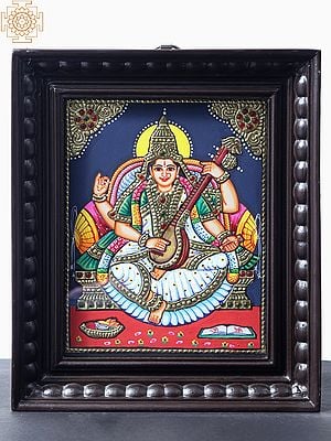 Sitting Devi Saraswati Playing Veena | Tanjore Painting With Teakwood Frame