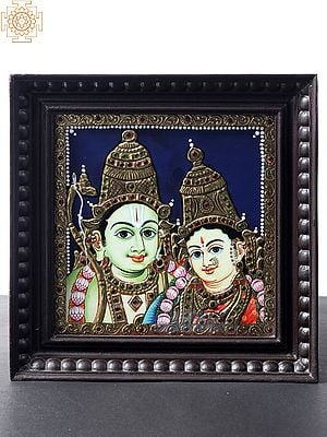 Bhagwan Ram and Devi Sita Tanjore Painting with Teakwood Frame