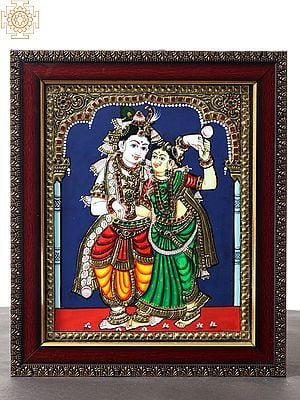 Standing Radha Krishna Tanjore Painting with Wooden Frame