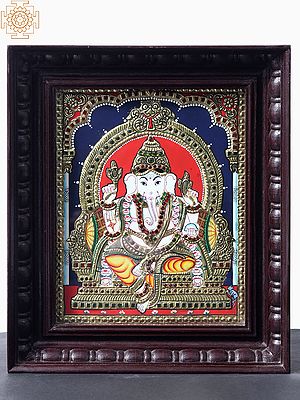 Chaturbhuja Lord Ganesha Seated on Kirtimukha Throne | Tanjore Painting with Teakwood Frame