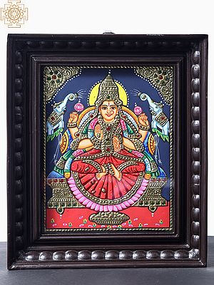 Goddess Gajalakshmi Tanjore Painting with Teakwood Frame