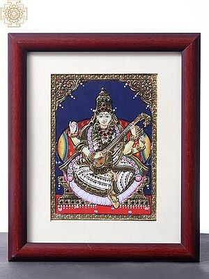 Four-armed Goddess Saraswati Tanjore Painting With Frame