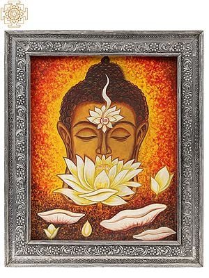 Lotus Buddha Painting With Carved Floral Frame