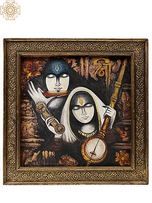 Mirabai and Bhagwan Krishna Painting With Carved Floral Frame