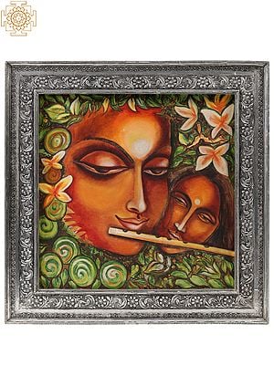 Fluting Radha Krishna Oil Painting With Beautiful Frame