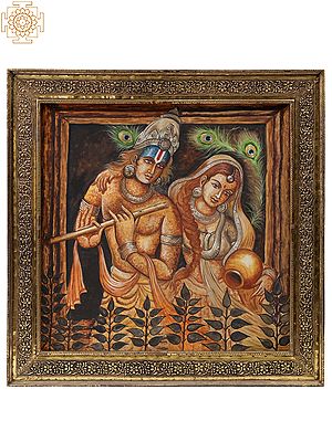 Fluting Krishna with Radha Painting | Carved Floral Frame
