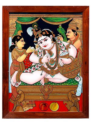 Butter Krishna Glass Painting with Wooden Frame