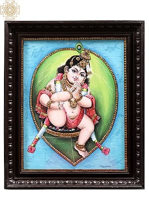 Vatapatra-Shayi Krishna Tanjore Painting with Teakwood Frame