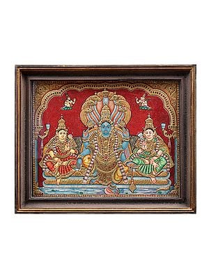Vaikundanathan (Vishnu Sridevi and Bhudevi) Tanjore Painting with Teakwood Frame