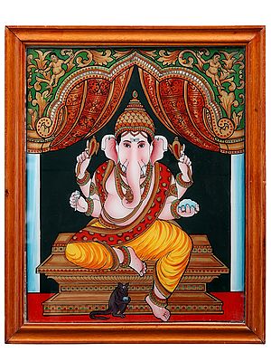 Chaturbhuj Ganesha Glass Painting with Wooden Frame