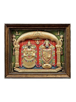 Lord Balaji and Goddess Padmavathi Embossed Tanjore Painting with Teakwood Frame
