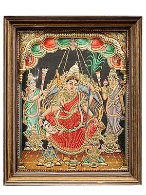 Goddess Rajarajeshwari Tanjore Painting with Teakwood Frame