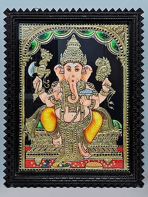 Chaturbhuja Ganesha Tanjore Painting with Wooden Frame