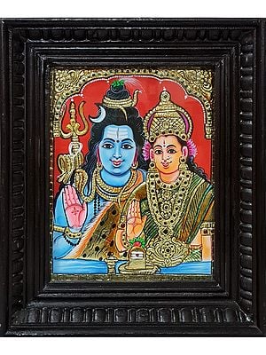 Blessing Shiva Parvati Tanjore Painting with Wooden Framed