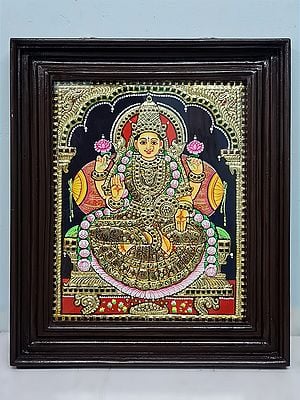 Seated Goddess Lakshmi Tanjore Painting with Wooden Framed
