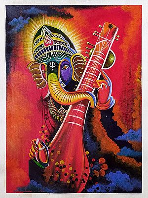 Lord Ganesha Playing Sitar | Acrylic on Canvas | Painting by Sneha Singh