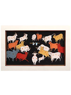 Krishna's Flute Attracts The Cows |  Watercolor on Paper