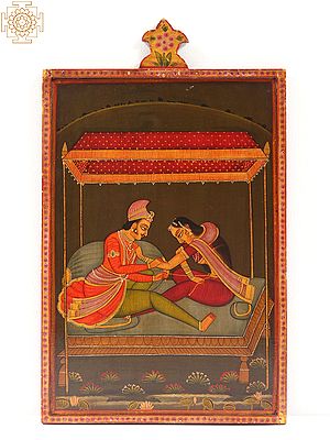 16" Hand Painted Mughal Couple Painting On Wood