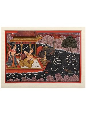 Two Mughal Ladies Hunting Crocodile | Watercolor on Paper