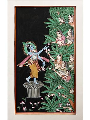 Painting of Gopis Offering Lotus to Lord Krishna | Watercolor on Paper