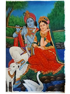 Krishna Playing Flute with Radha | Oil Painting by Jagriti Sharma